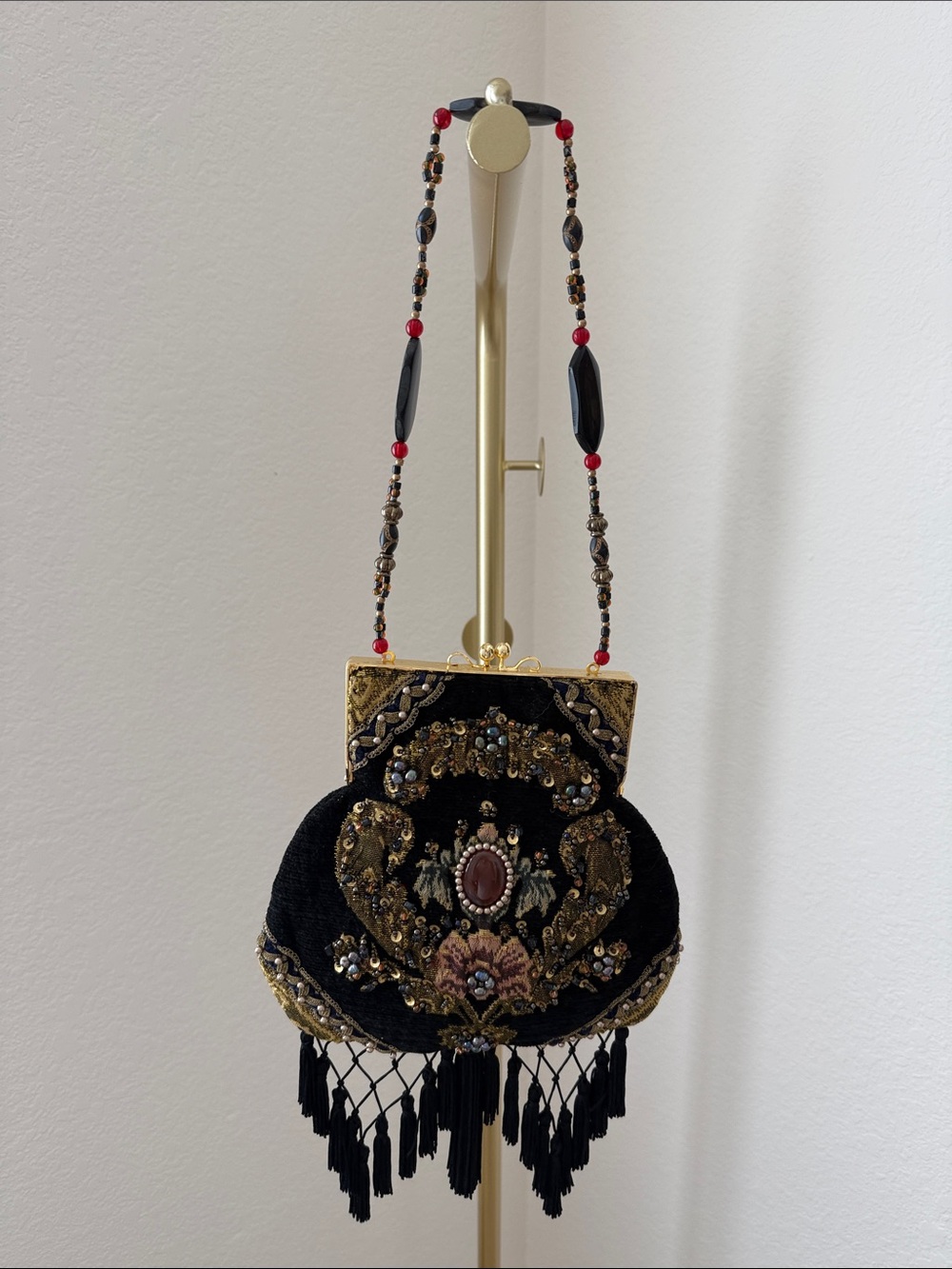 Mary Frances Embellished Black Beaded Evening Bag with Fringe